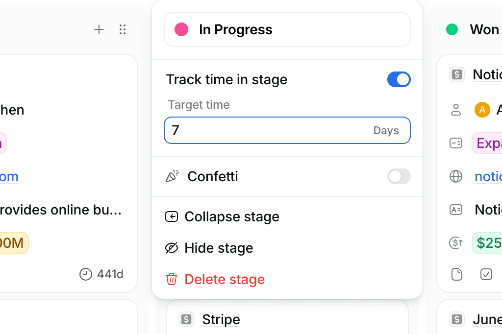 Settings on kanban column showing track time in stage enabled with target time set to 7 days