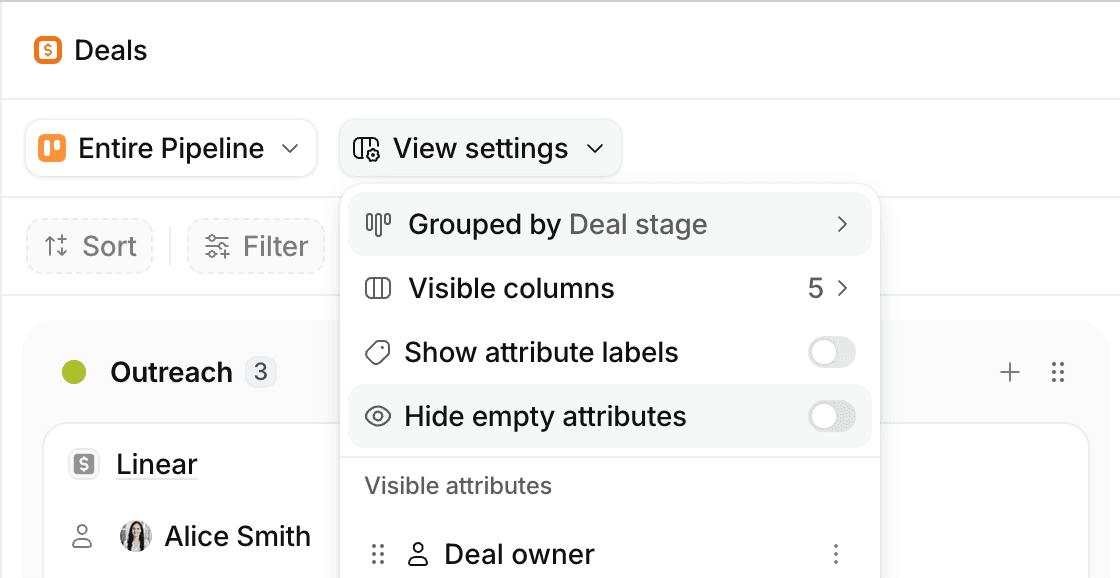 Kanban settings showing Grouped by option to select status attribute