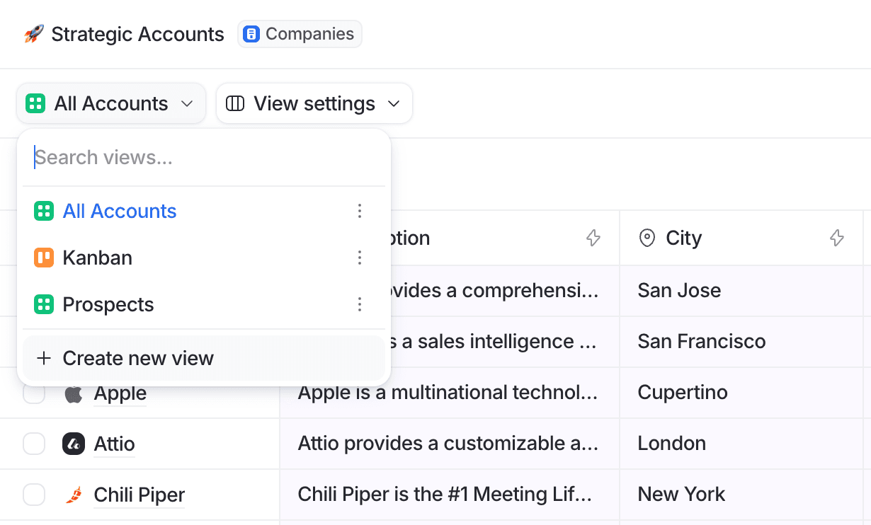 Attio table view interface for managing strategic accounts showing a dropdown menu for view settings, with options like "All Accounts" and "Kanban."