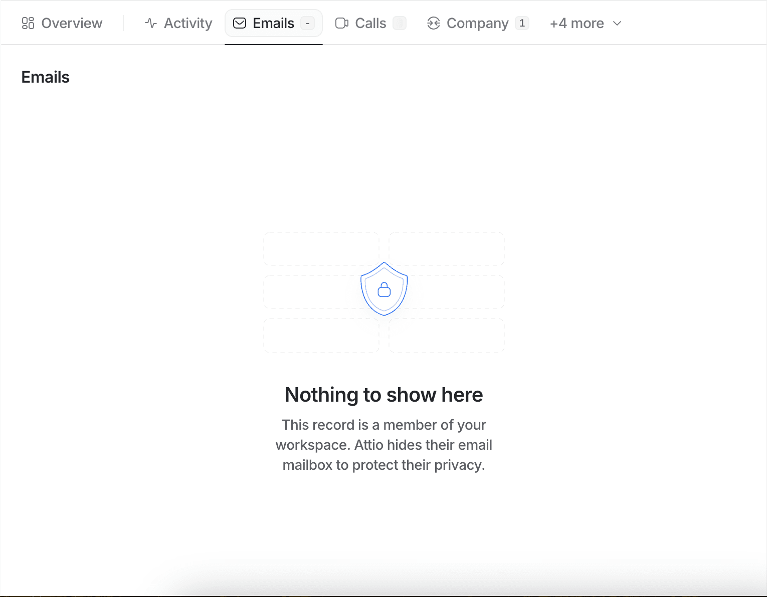 Empty email inbox interface with a shield icon displaying the message, "Nothing to show here," indicating privacy protection.