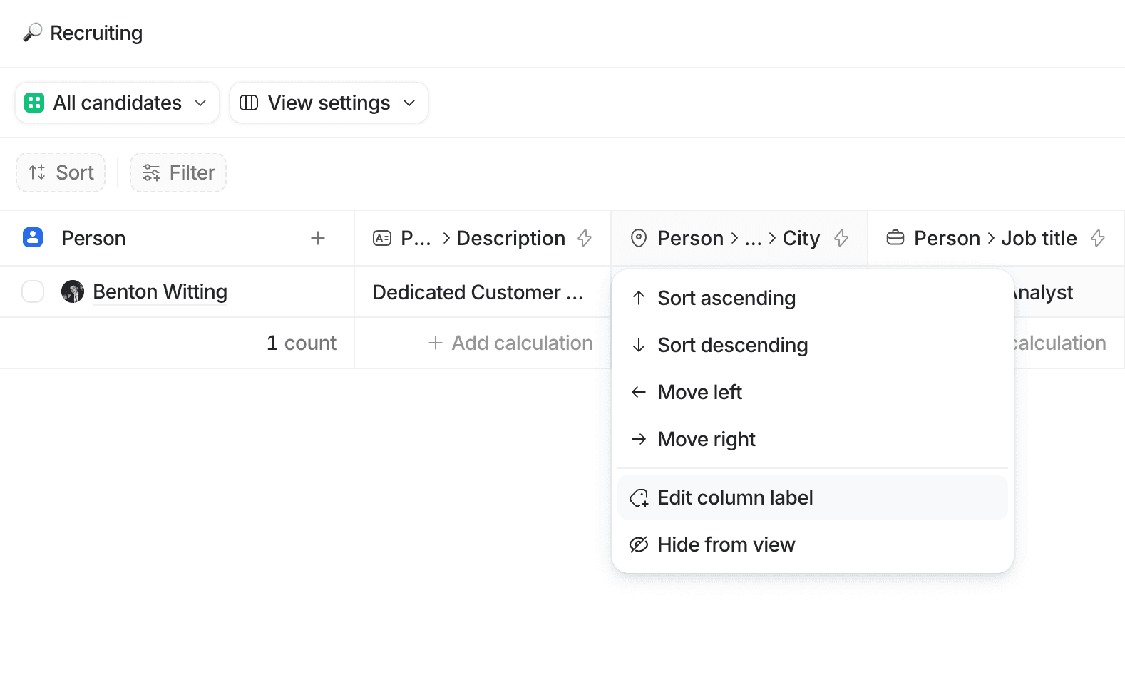 Table view showing candidate details with options for sorting and editing column label.
