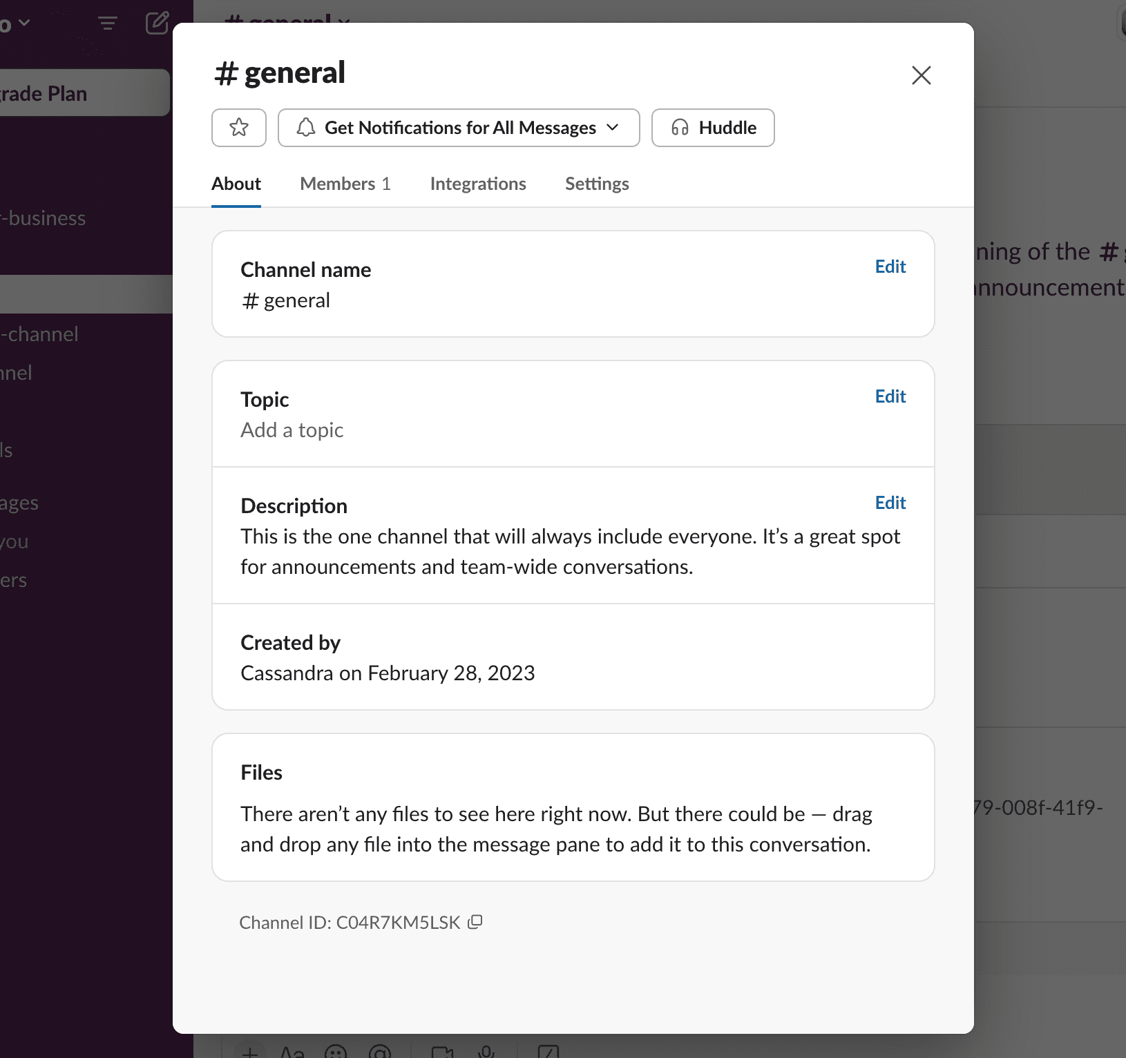 A Slack channel settings window showing details like channel name, topic, description, creator, and creation date.