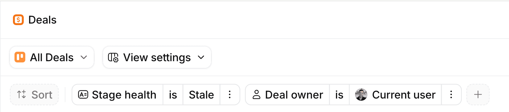 A filter on the deals object where 'Stage health' is set to 'stale', and 'Deal owner' is set to 'Current user'