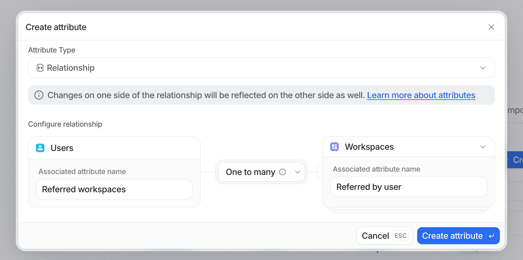 Dialog box titled "Create attribute" showing options for attribute type, relationship direction, and configuration for users and workspaces.