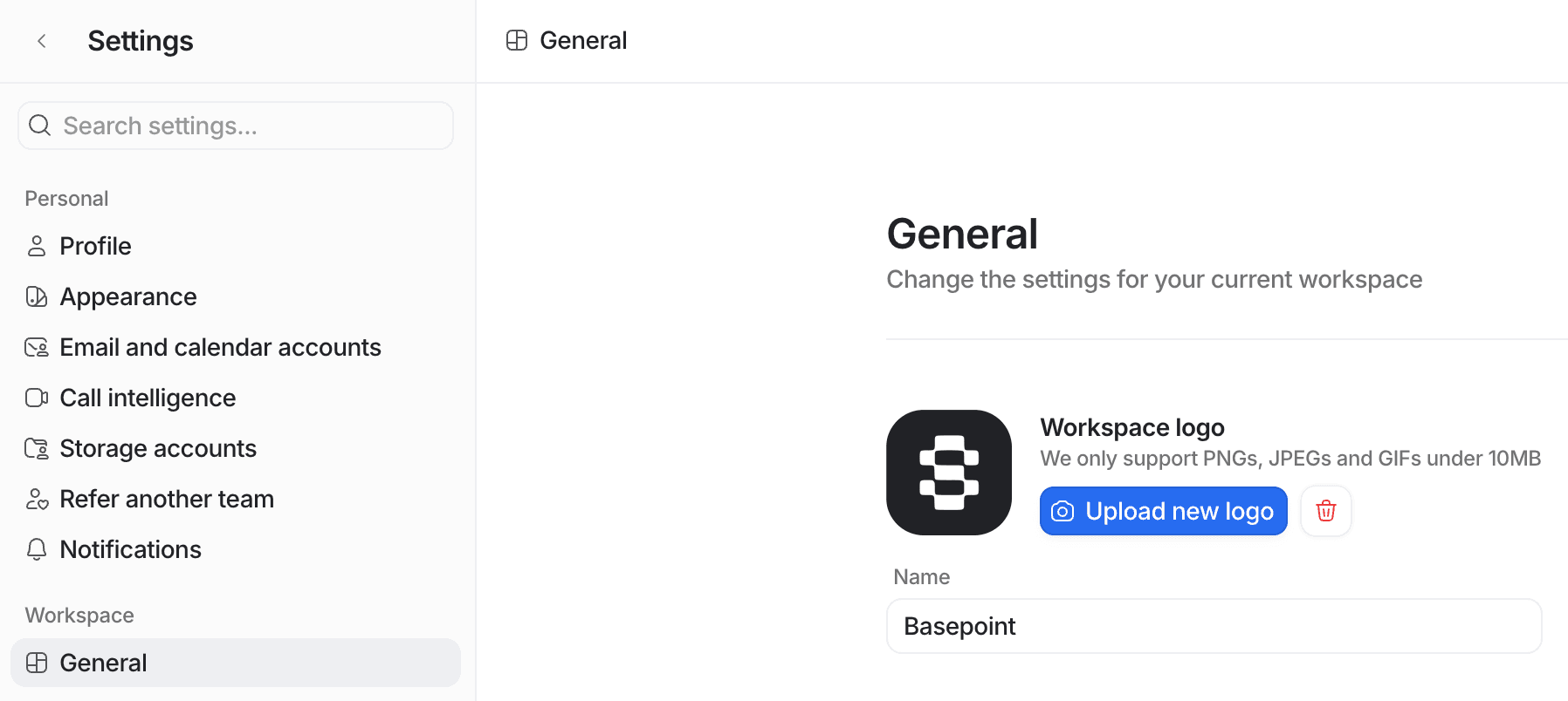 Settings page with options like Profile, Appearance, and Call intelligence. General tab open, showing upload option for workspace logo and name field.
