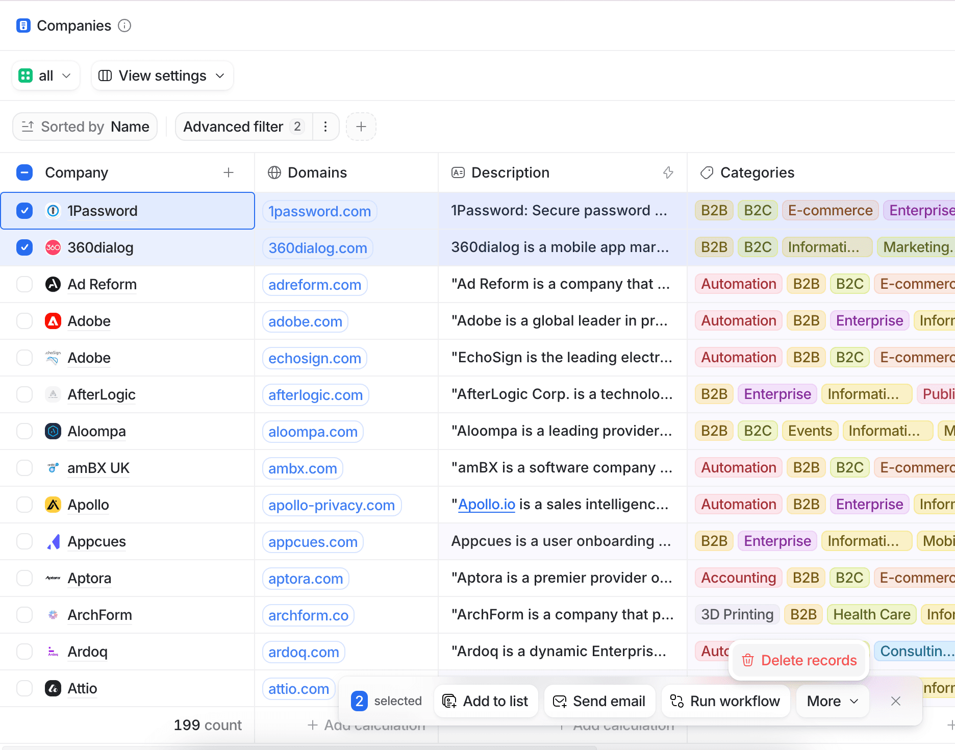 Table view of companies showing some companies selected with Delete records button highlighted