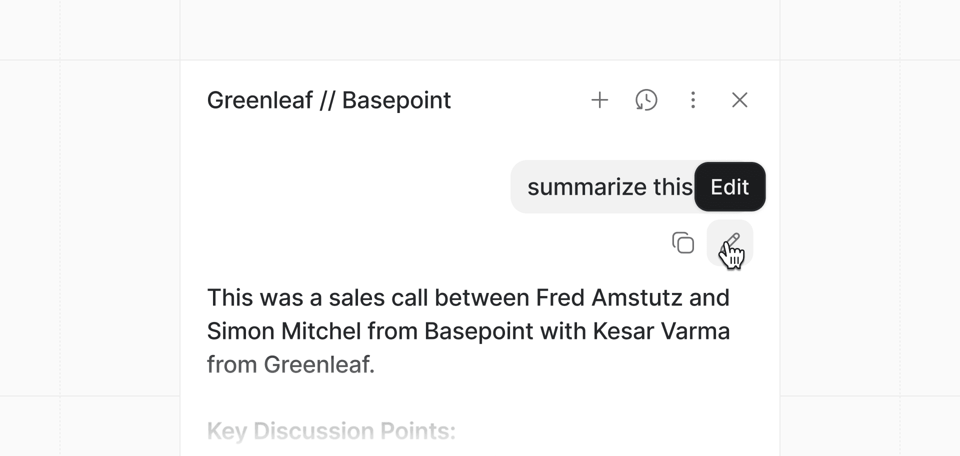 Ask Attio box with a sales call summary between parties from Greenleaf and Basepoint. Includes options for editing
