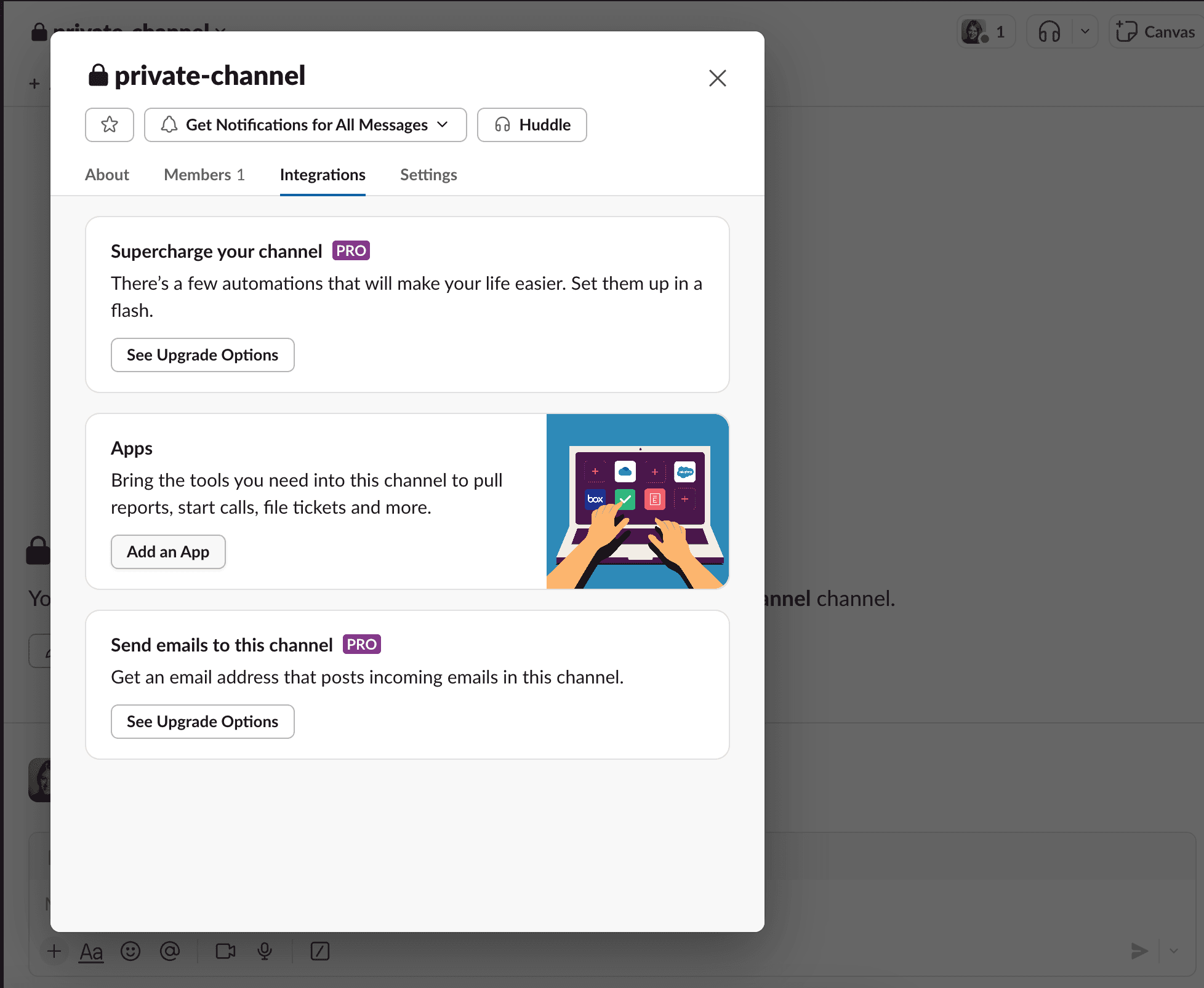 Screenshot of a Slack interface showing options to upgrade channel features like automation, app integration, and email settings.