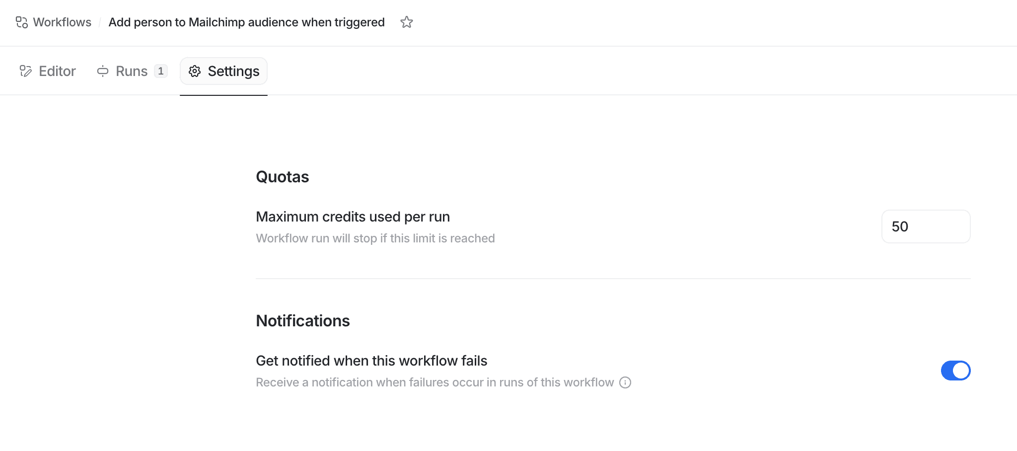 Settings tab on workflow with quota and notifications options
