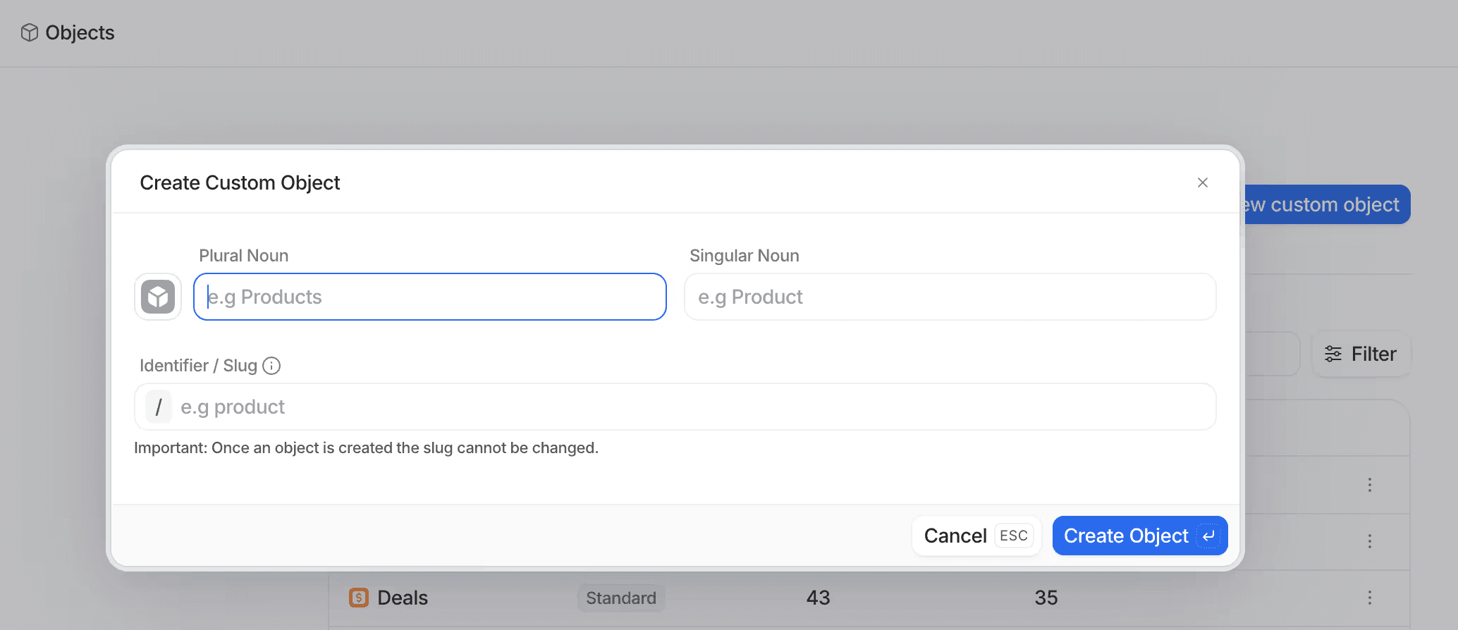 Popup window titled "Create Custom Object" with fields for plural and singular nouns, and identifier/slug, plus "Cancel" and "Create Object" buttons.