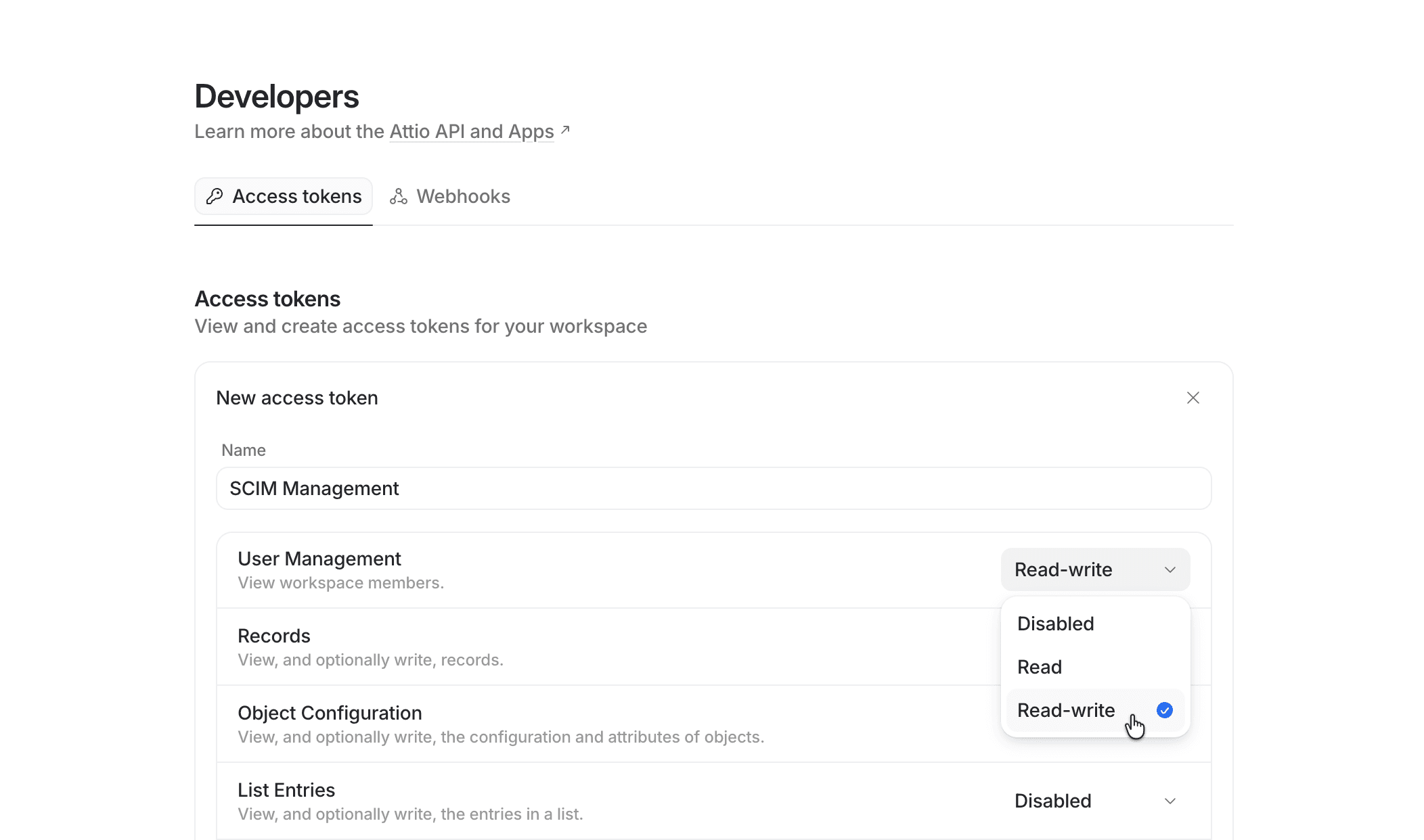 Developers page highlighting where to update user management scope for access token