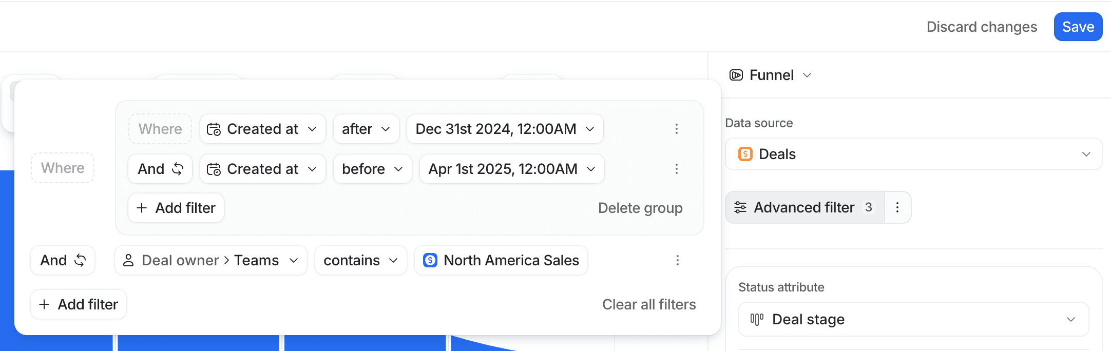Filter settings panel showing date and deal owner filters for North America Sales in a funnel report