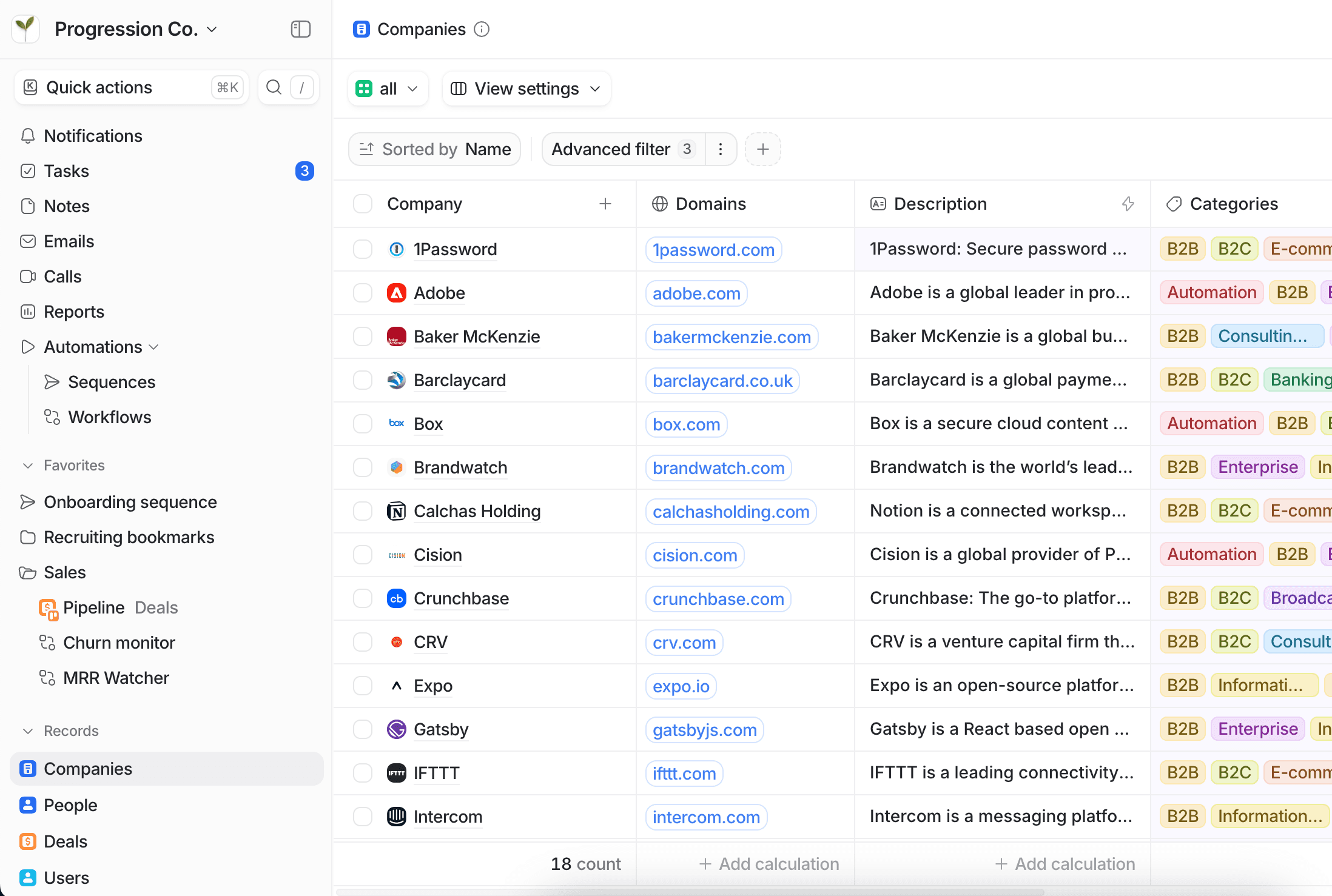 Attio table view showing a list of companies with columns for name, domain, description, and categories.