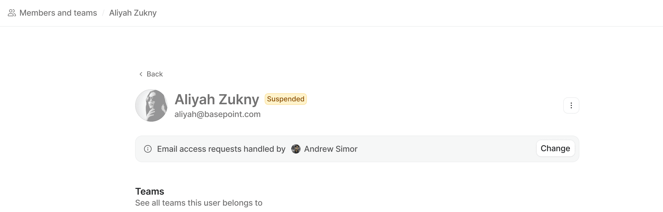 Suspended user page with option to change email access handler