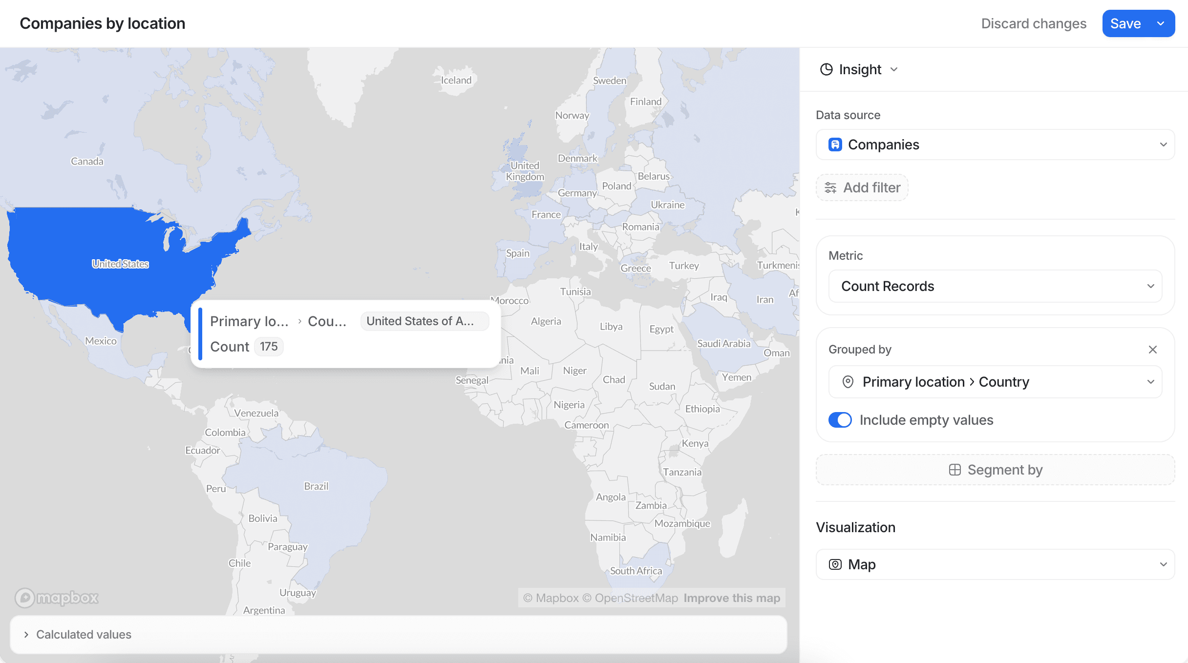 Map showing company distribution, highlighting the United States in blue with a count of 175 companies. Other countries are greyed out.