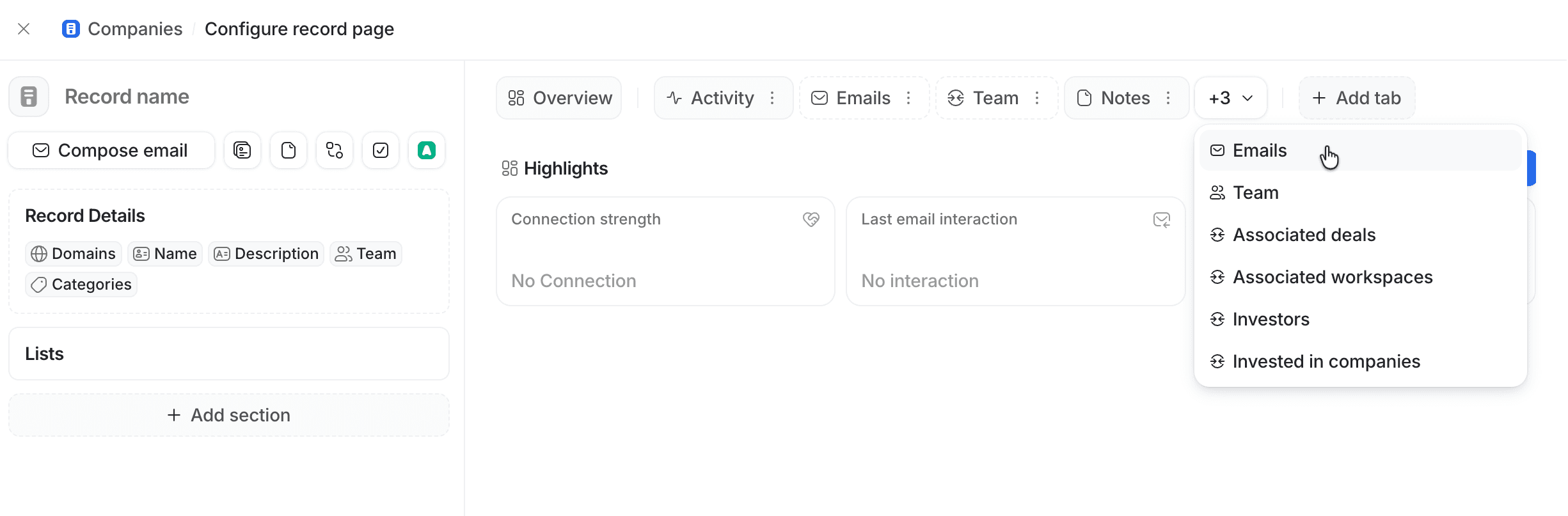 Record page configuration showing option to add tabs
