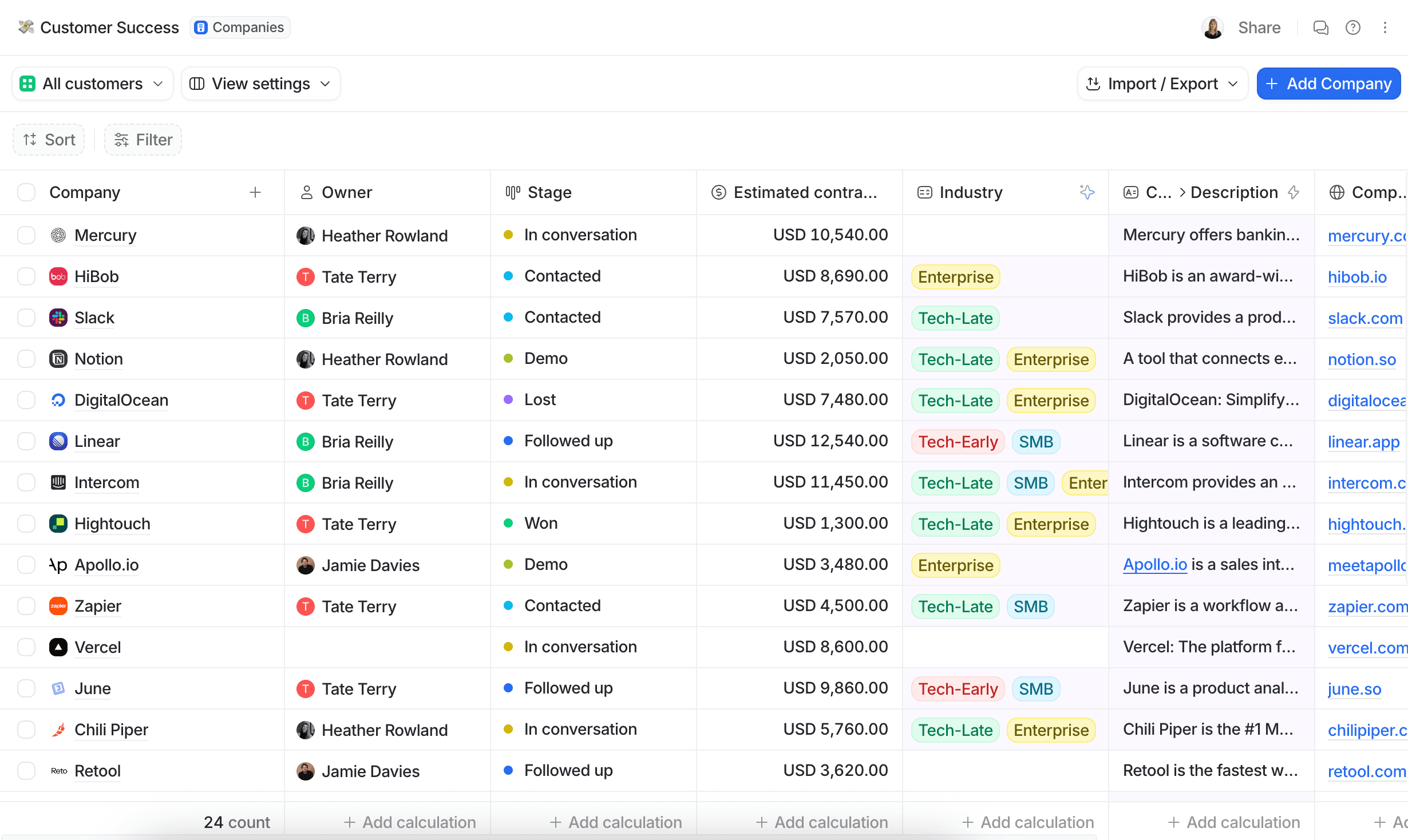 Attio table view showing customer success list, including company names, contract stages, estimated values, industries, and owner names.