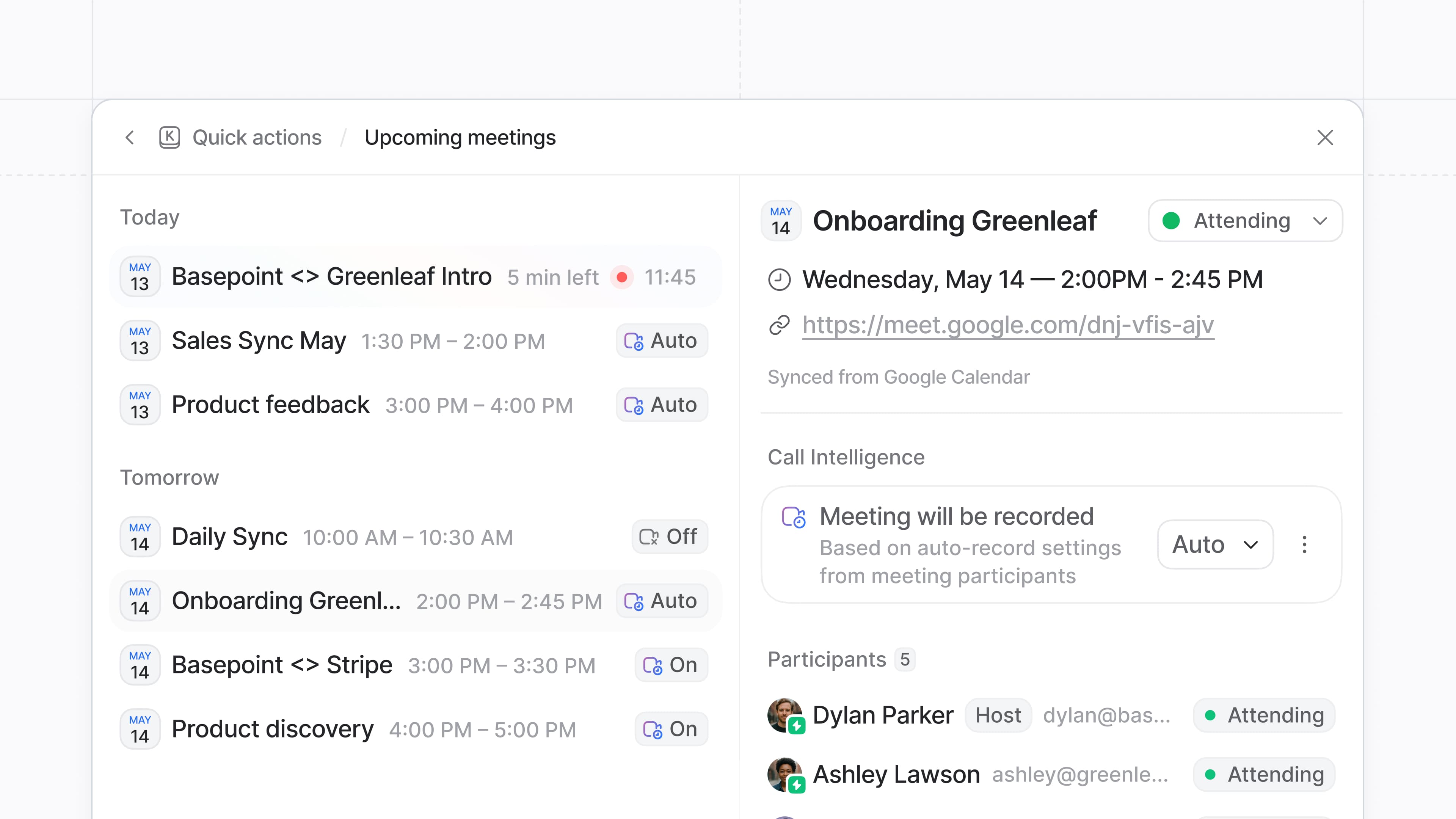 Calendar interface showing upcoming meetings, including "Onboarding Greenleaf" on May 14, with details and attendee list on the right.