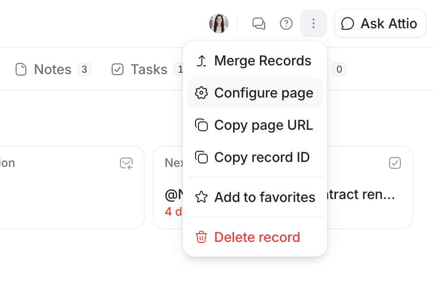 Dropdown menu on top right corner of record page highlighting Configure page option